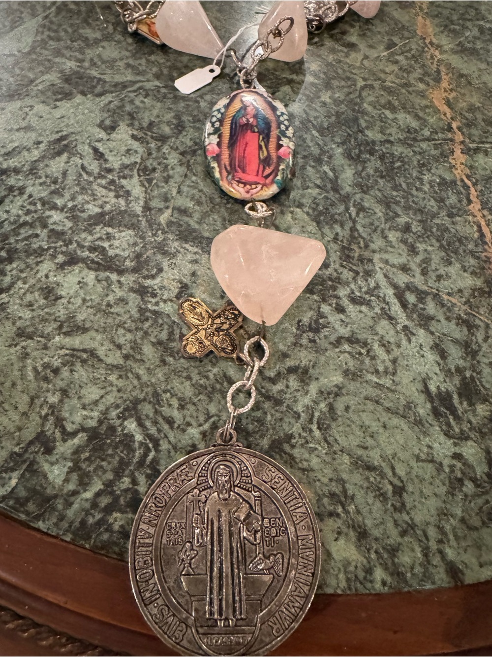 Religious Rose Quartz Pendant Necklace with Pink Gemstones - Picture 2 of 2